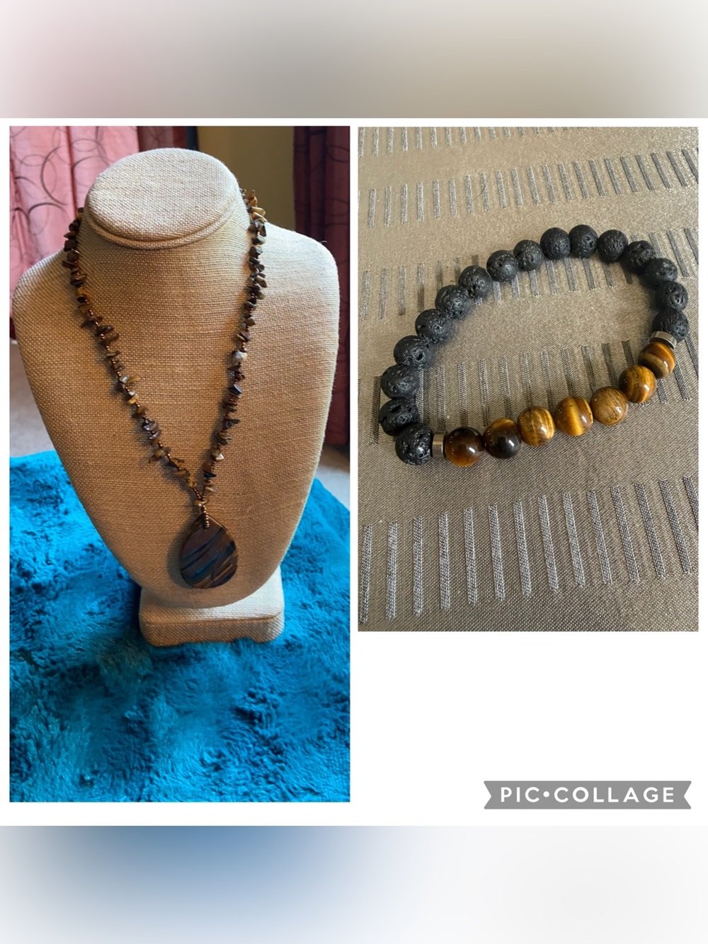 Tiger’s Eye Necklace & NWOT Lava Stone Bracelet Set Boho Crystal Healing Bundle